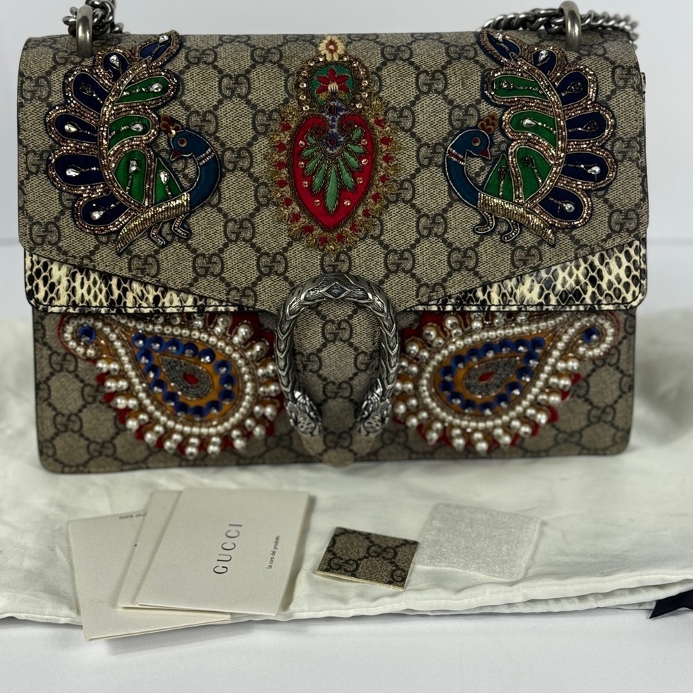Gucci GG Supreme Monogram Snakeskin Flower Embroidered Dionysus Shoulder Bag